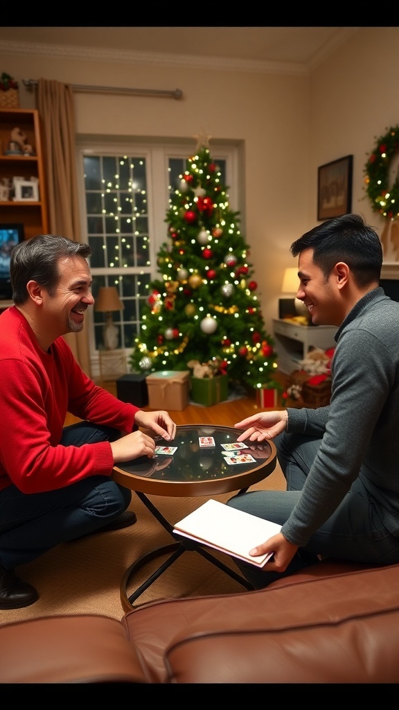 Fun Christmas Party Games for Two People Two people playing Christmas games in a decorated living room with a Christmas tree.
